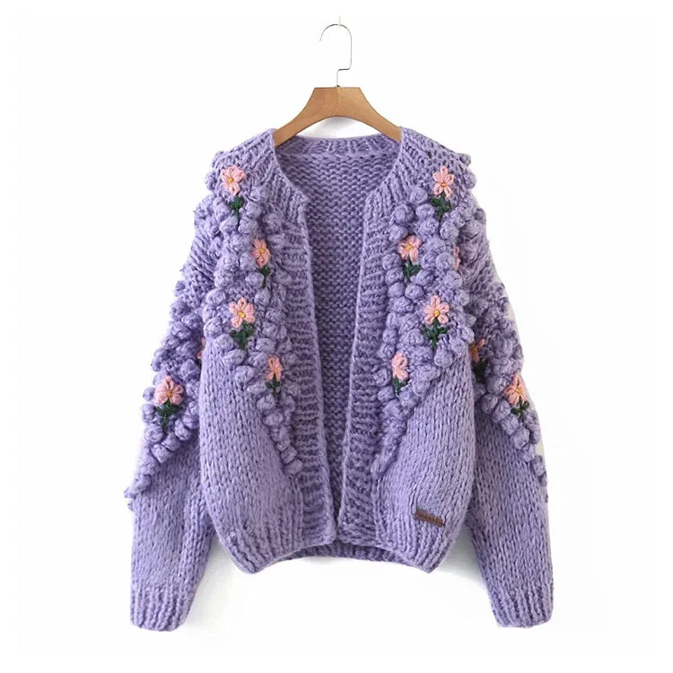 Three dimensional flower hook woven lantern sleeve cardigan sweater coat  7320Striped Knit Tops