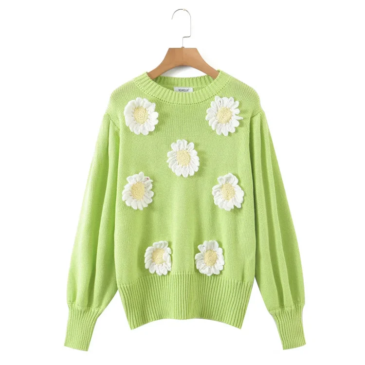 Three dimensional sunflower Pullover loose knitted sweater  7299Skateboard Knit Tops