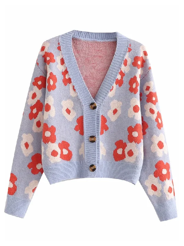 V-neck button flower jacquard loose thin knitted cardigan top  7276Longline Knit Tops