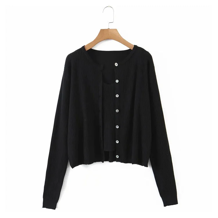 V-neck suspender T-shirt button long sleeve cardigan two piece set  7275Fleece Knit Tops