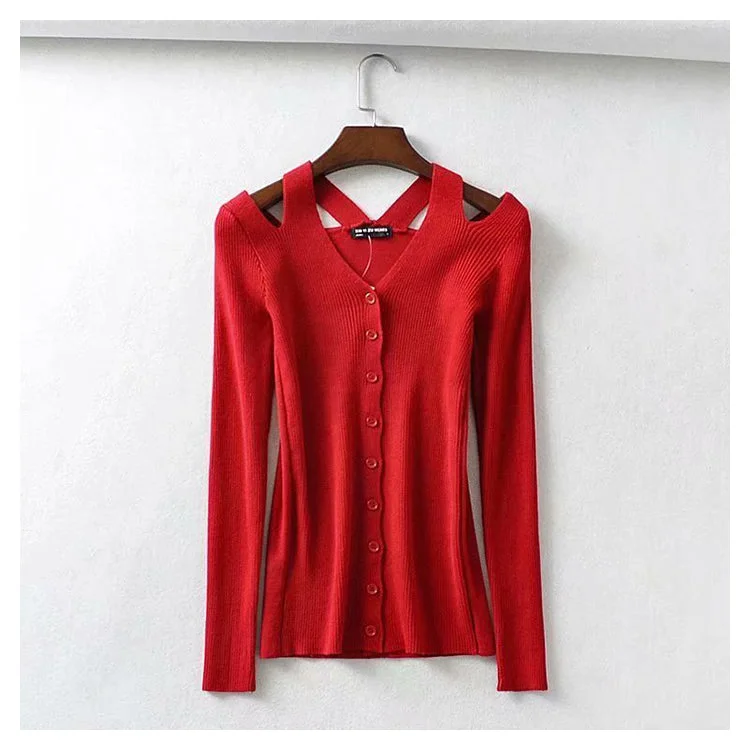 Versatile leaky shoulder V Neck Long Sleeve Sweater Cardigan top  7273Embellished Knit Tops