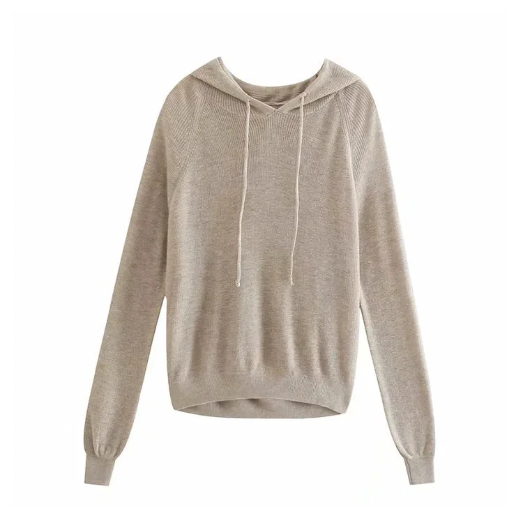 Versatile loose casual hooded Pullover Crew Neck Long Sleeve Sweater  7282Silk Knit Tops