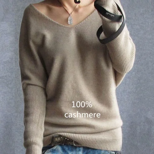 WILUXE  2019 Spring autumn cashmere sweaters women fashion sexy v-neck sweater loose 100% wool sweater batwing sleeve plus size pulloverPunk Knit Tops