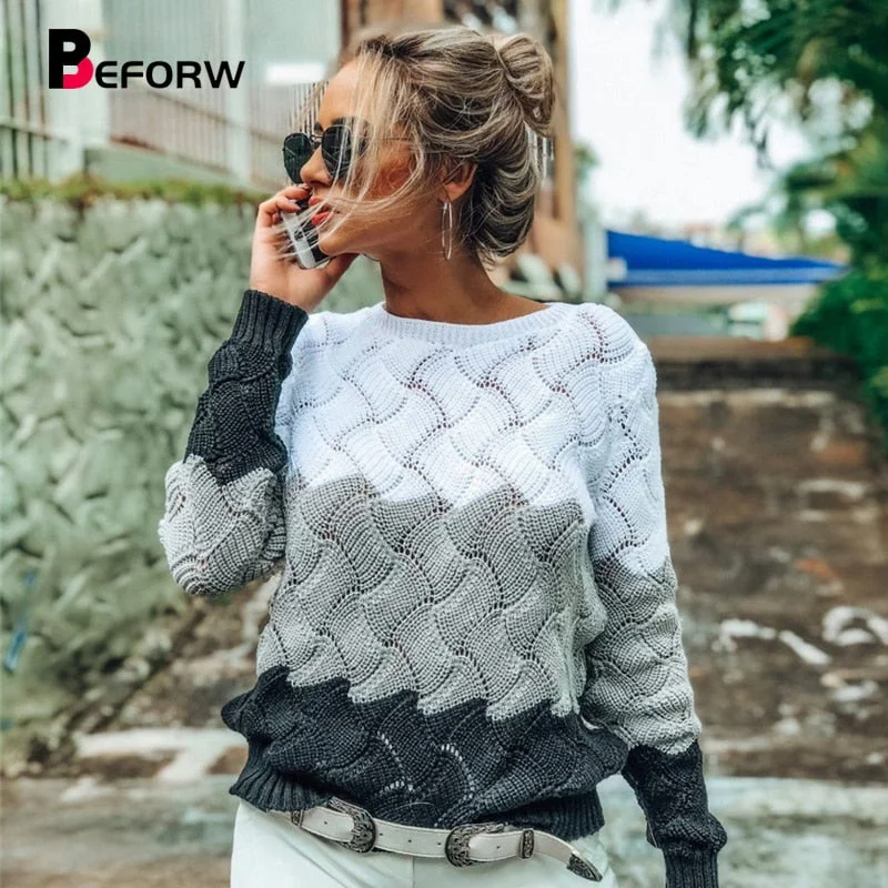 WILUXE 2019 Women Winter Long Sleeve Crewneck Knitted Pullover Sweater Vintage Splice Casual Fall Womens Sweaters Pullovers TopsCollaborative Knit Tops