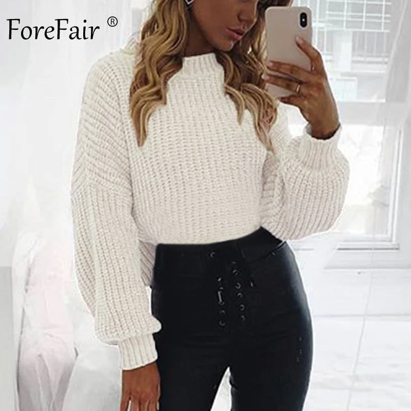 WILUXE Casual Turtleneck Sweater Woman Winter Knitting Pullovers Lantern Sleeve Short Black White Knitted Solid Jumper WomenSpring Knit Tops