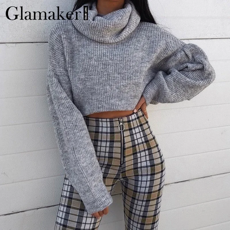 WILUXE Grey knitted turtleneck crop sweater Women autumn pull short sweater ladies jumper winter Female pull knitwear pulloverPolyester Knit Tops