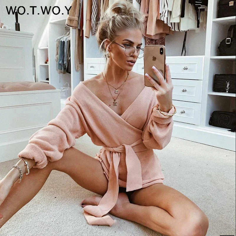 WILUXE Lace Up V Neck Cross Winter Knitted Sweaters Women Off-shoulder Pink Streetwear Sexy Oversized Cardigans Women 2019 HotPolyester Knit Tops