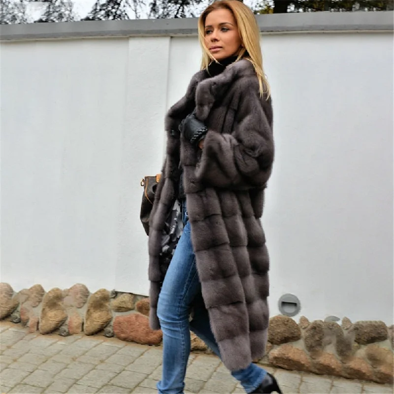 WILUXE  New Fashion Winter Real Fur Coat Dark GreySilk Knit Tops