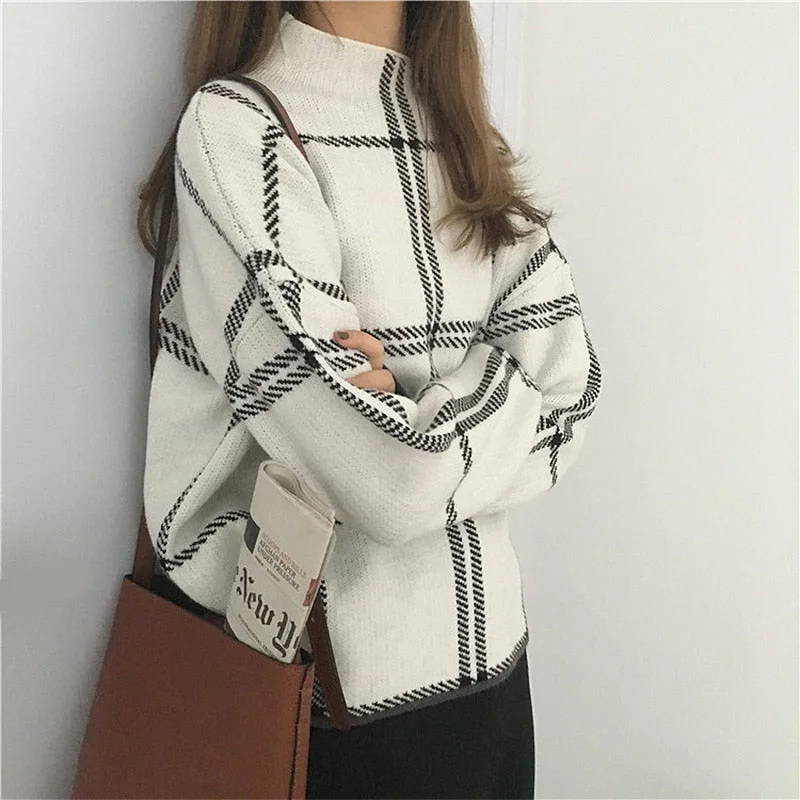 WILUXE Sweaters Womens Knitted Turtleneck Long Sleeve Plaid Pullovers Autumn Winter Elegant Femme Checked Sweater Women Knitwear MujerDesigner Knit Tops