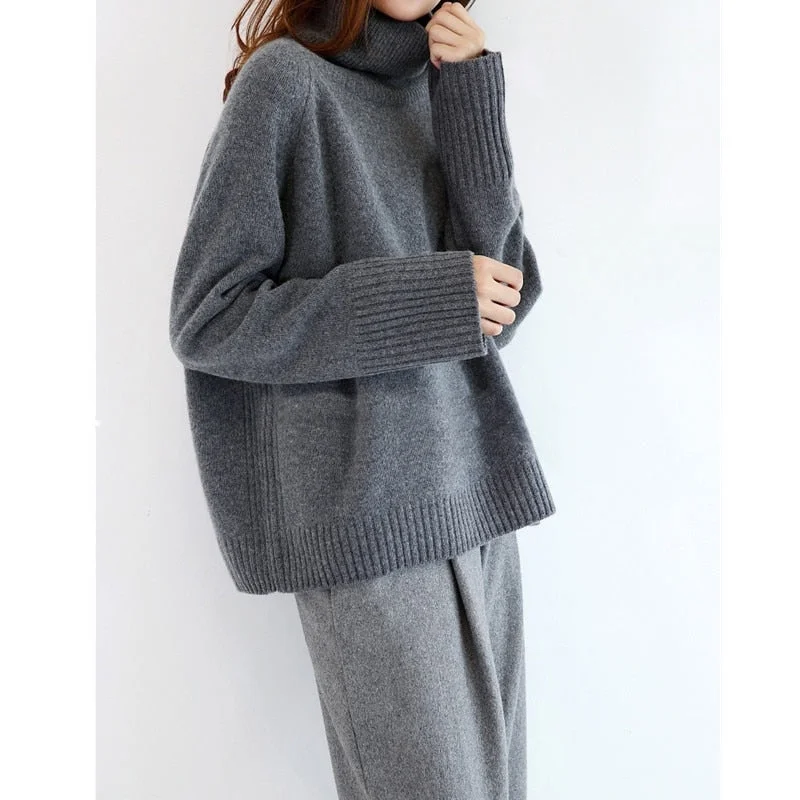 WILUXE  Winter New Fashion Cashmere Wool Women Warm Solid Sweaters Casual Full Sleeve Turtleneck Loose Pullovers Computer KnittCable Knit Tops