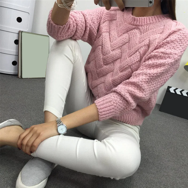 WILUXE  Winter O-neck Women's Sweater Jersey Woman Mohair Knitted Twisted Thick Warm Lady's Pullover 2019 College Jumper Women Pink GrayCropped Knit Tops