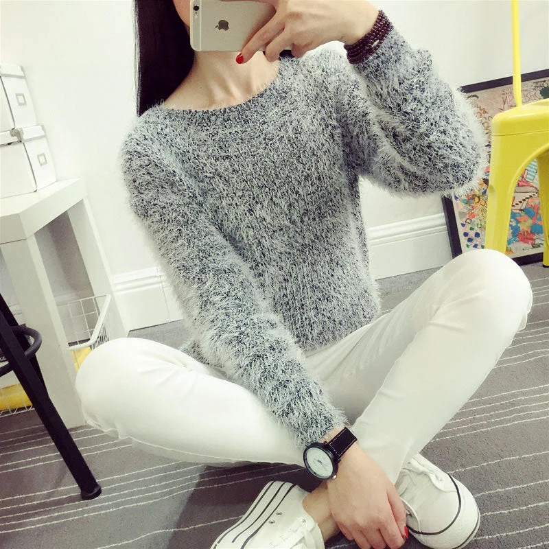 WILUXE  Women Candy Colors Sweaters Fashion Autumn Winter Warm Mohair O-Neck Pullover Long Sleeve Casual Loose Sweater Knitted TopsCable Knit Tops