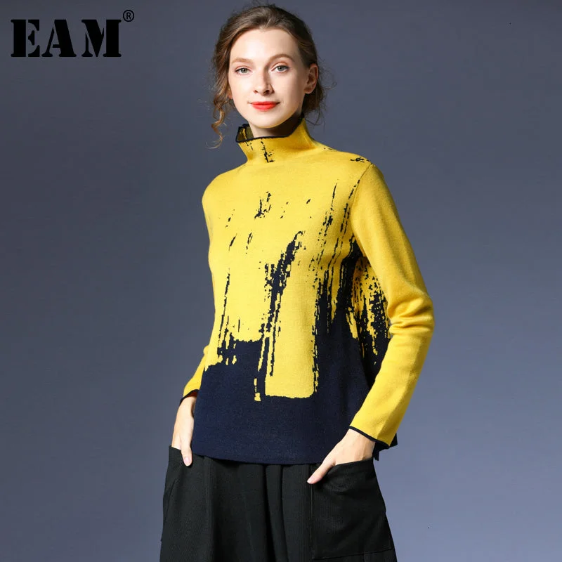 WILUXE  Yellow Split Joint Print Knitting SweaterMetallic Knit Tops