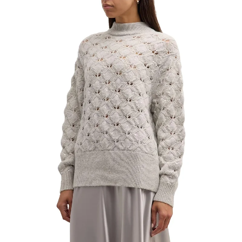 Womens Sequined Long Sleeve Funnel-Neck SweaterSheer Knit Tops