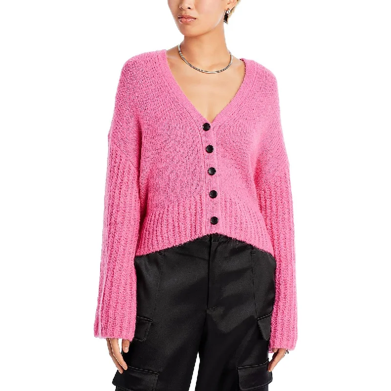 Womens V Neck Long Sleeve Cardigan SweaterRibbed Cuff Knit Tops