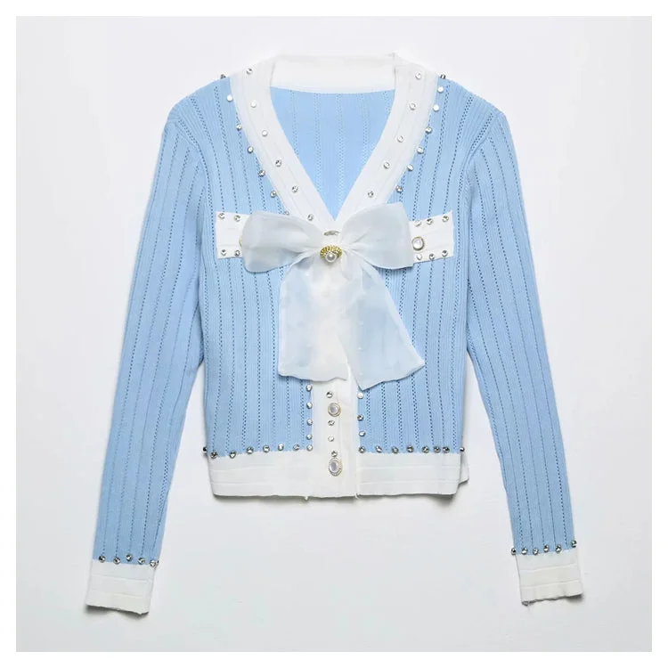 Xiaoxiangfeng V-neck heavy industry rivet bow knit cardigan  7294Winter Knit Tops