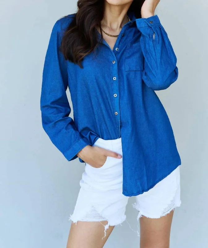 Denim Button Down Shirt Top In Dark BluePainted Shirts