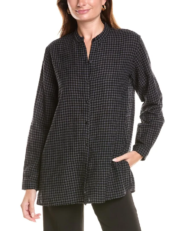 EILEEN FISHER Mandarin Collar Wool-Blend Long ShirtSatin Shirts