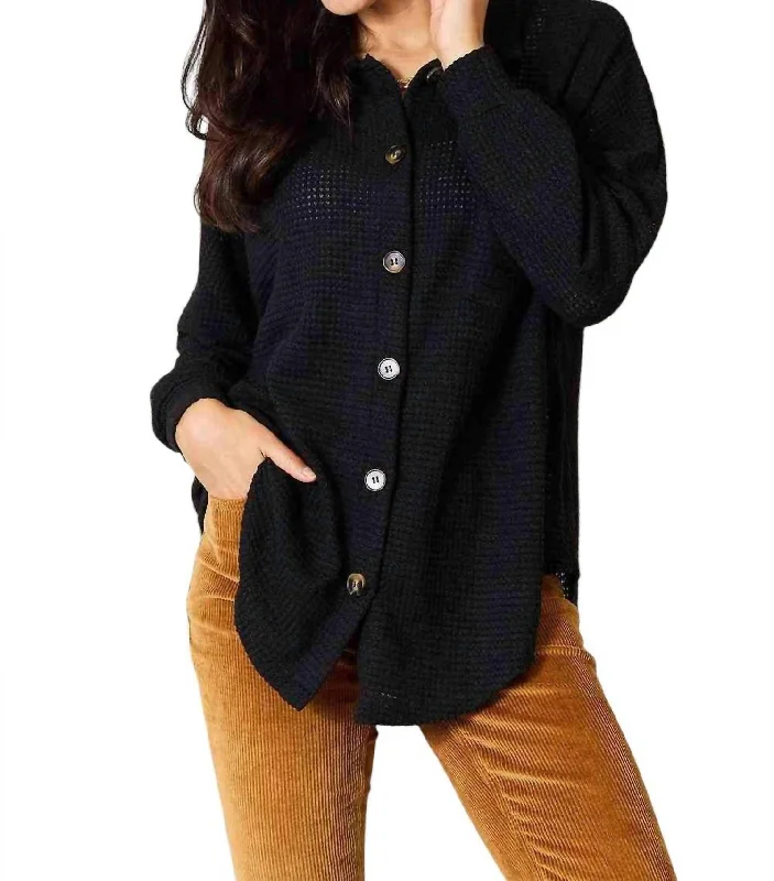 Elegant Waffle-Knit Collared Shirt In BlackLeather-Paneled Shirts