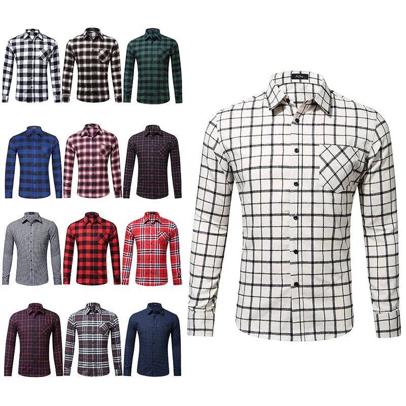 Men Casual Check Plaid Printed Long Sleeve Shirt Tops Blouse Button-Down PocketPocket Shirts