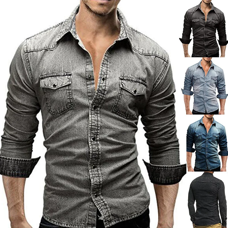 Men's Casual Long Sleeve Denim Shirt Tops Blouse Overshirts Button-Down PocketsSequined Shirts