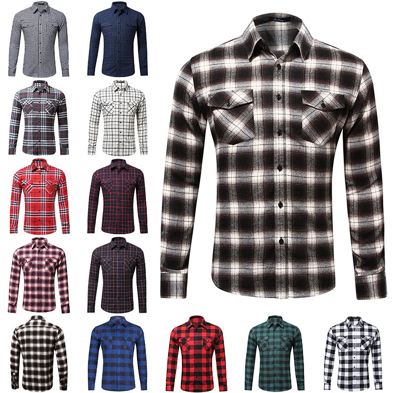 Men's Casual Plaid Printed Shirt Overshirts Lapel Long Sleeve Tops Dual PocketsPunk Shirts