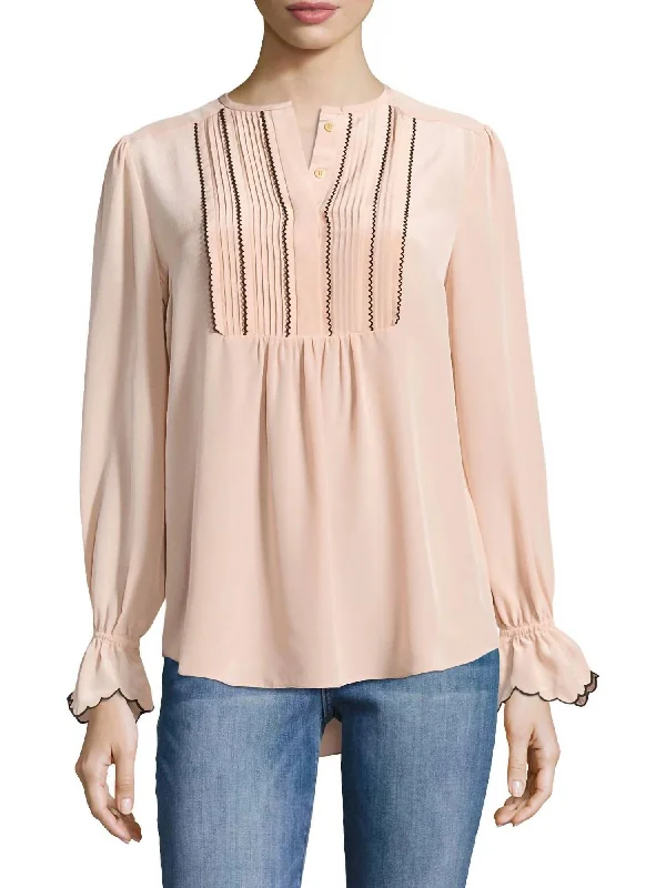 Regina Semi Sheer Long Sleeve Silk Shirt Blouse In BlushDesigner Shirts