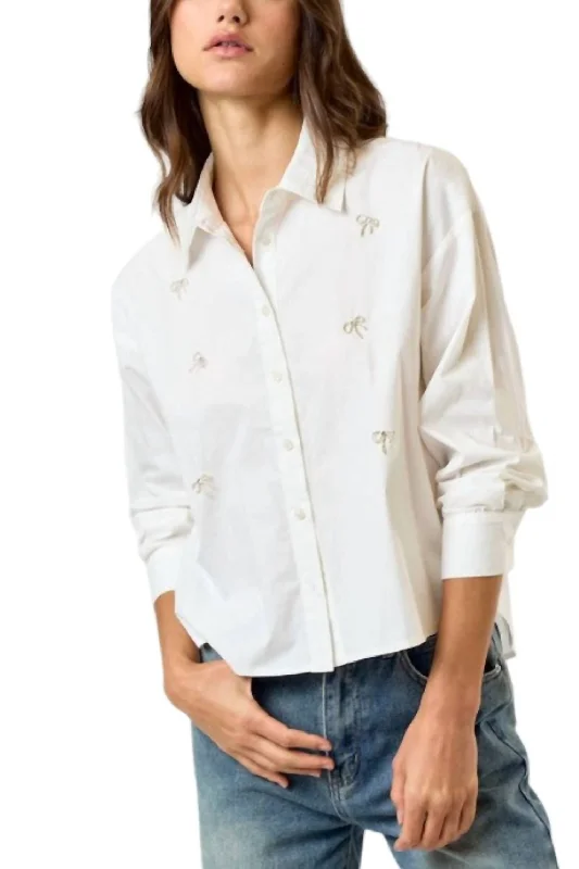 Rhinestone Bow Button Up Shirt In WhiteDress Shirts