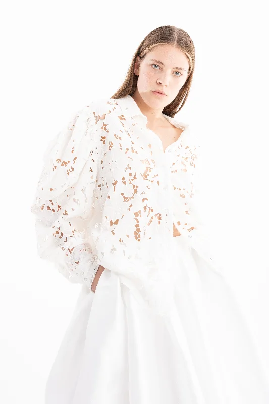 WHITE EMBROIDERED PUFF SLEEVE SHIRTPolyester Shirts