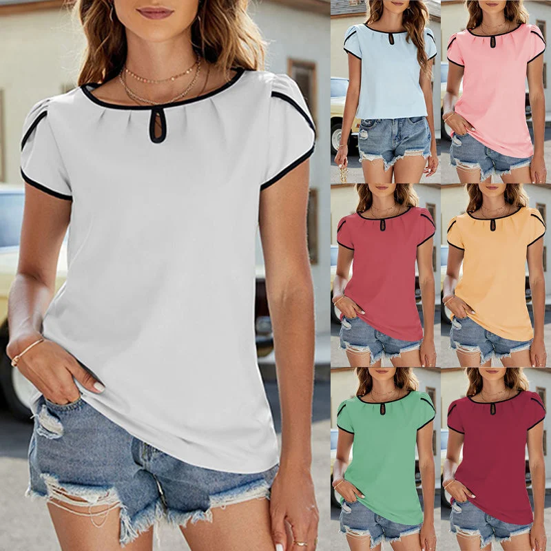 Womens Casual Boho T Shirt Blouses Tops Petal Cap Sleeve Round Neck Keyhole T Shirt Summer Loose Fit Pleated ShirtTunic Shirts