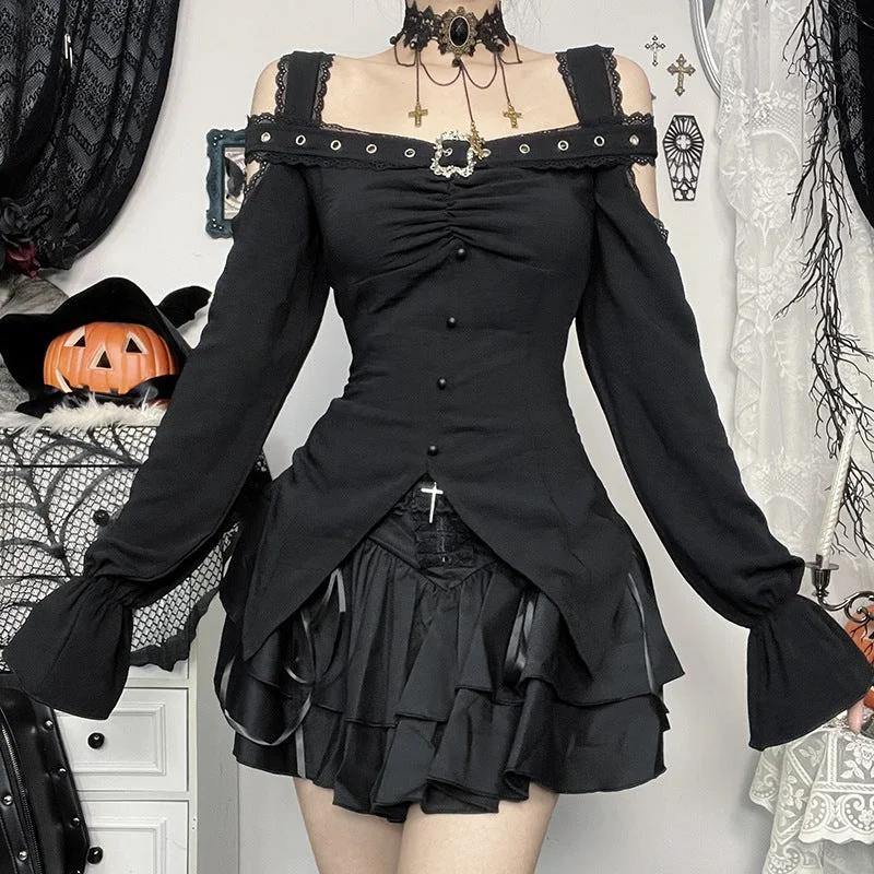 Women's Gothic Buckle-up Lace Long Sleeved ShirtCycling Shirts