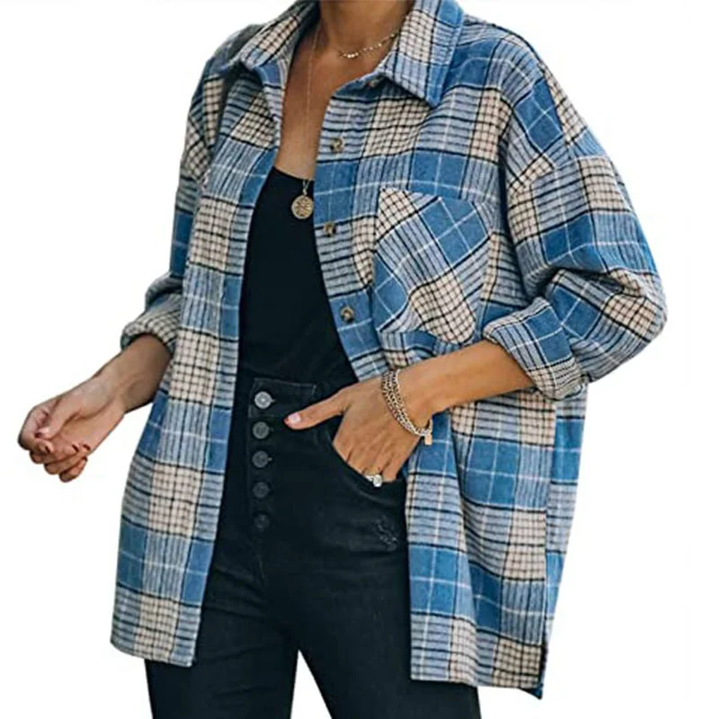 Women's Long Sleeve Plaid Tops Shirt Long Sleeve Button Loose Lapel Shirt PocketSleep Shirts