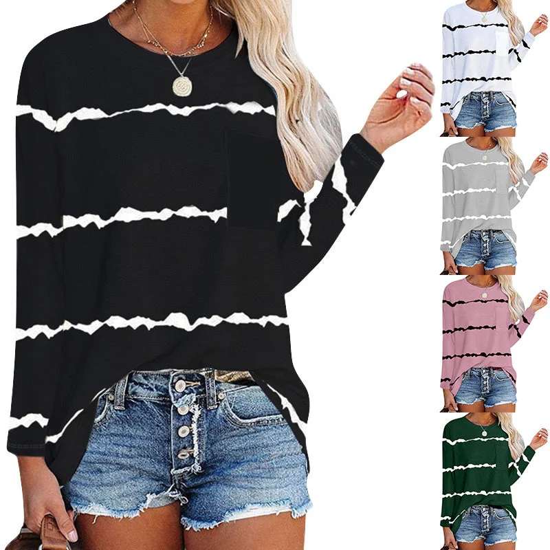 Women's Stripe Print Scoop Neck Loose Fit Long Sleeve T Shirt Pocket Casual TopsTunic Shirts