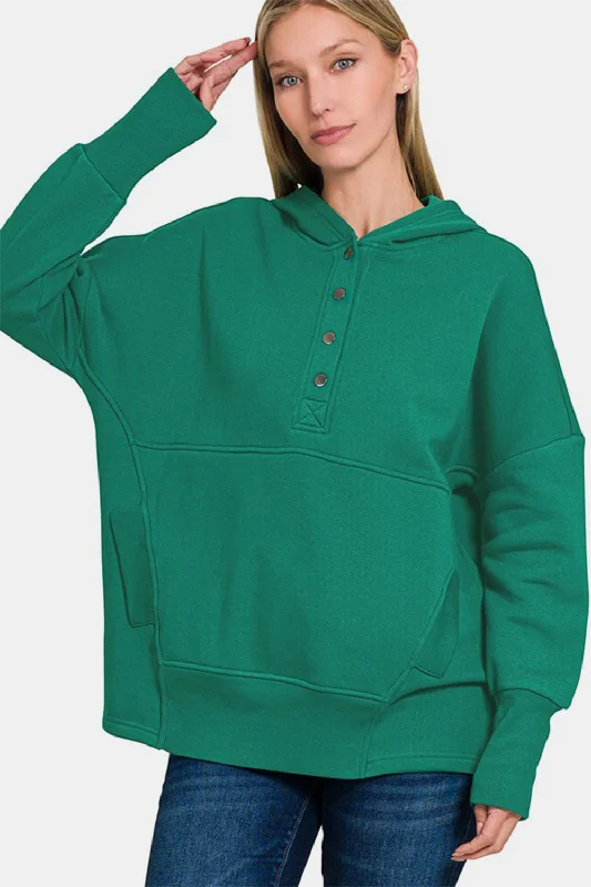 Zenana Half Snap Long Sleeve Hoodie with Kangaroo PocketReflective Hoodies