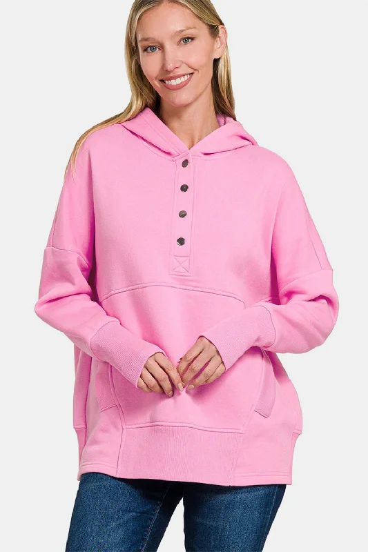 Zenana Half Snap Long Sleeve Hoodie with Kangaroo PocketRainproof Hoodies