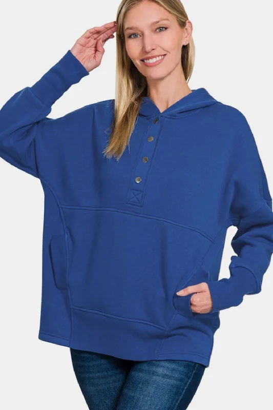 Zenana Half Snap Long Sleeve Hoodie with Kangaroo PocketYoga Sweatshirts