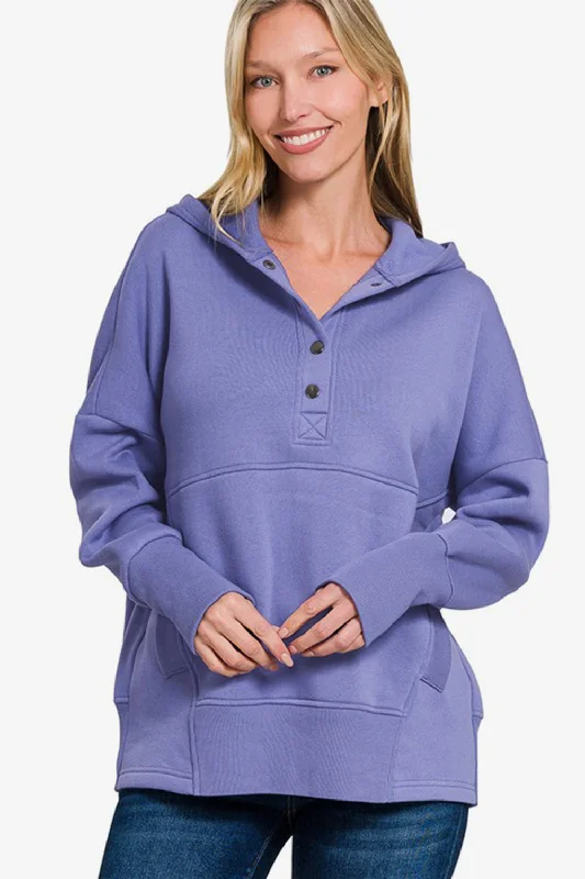 Zenana Half Snap Long Sleeve Hoodie with Kangaroo PocketRecycled Fabric Hoodies