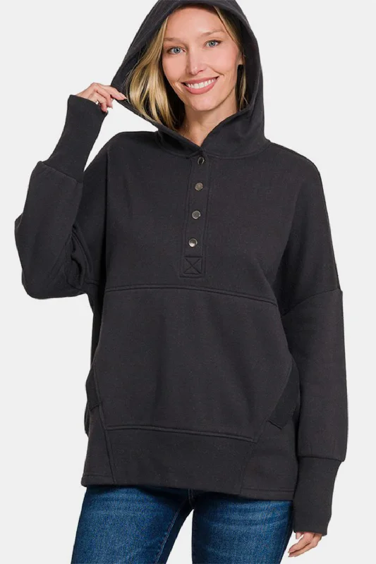 Zenana Half Snap Long Sleeve Hoodie with Kangaroo PocketReversible Hoodies