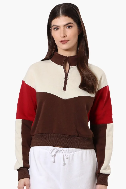 New Look Colour Block 1/4 Zip Sweatshirt - BrownTravel Sweatshirts