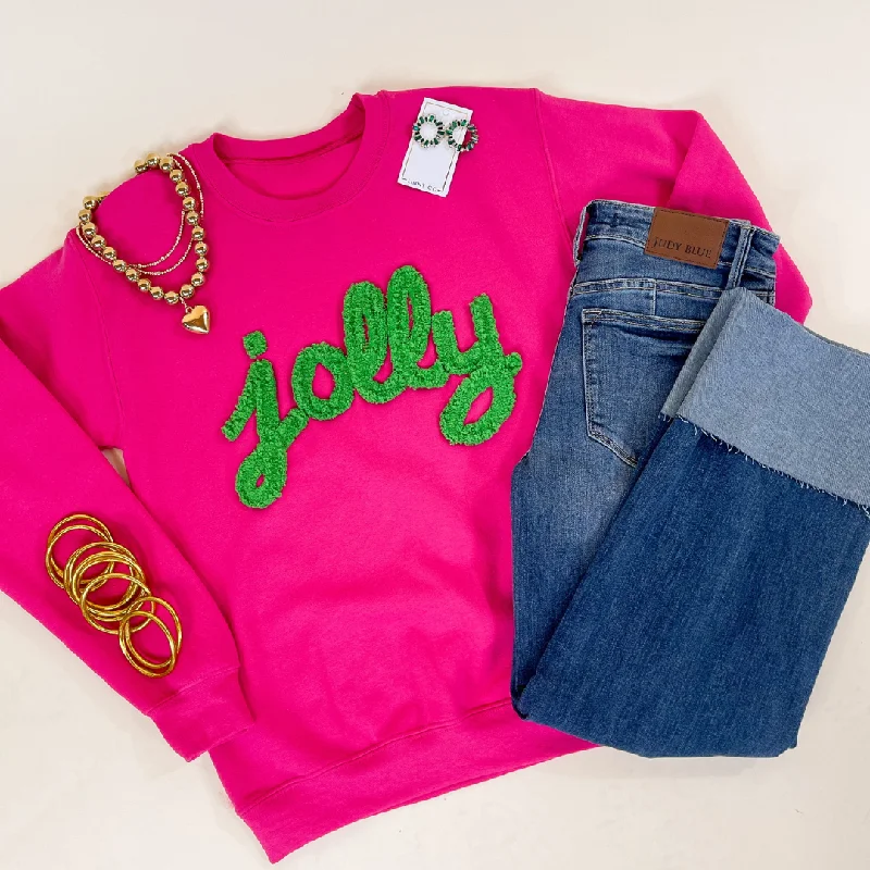 Jolly Hand Stitched in Green Christmas Graphic Sweatshirt in PinkFleece Sweatshirts