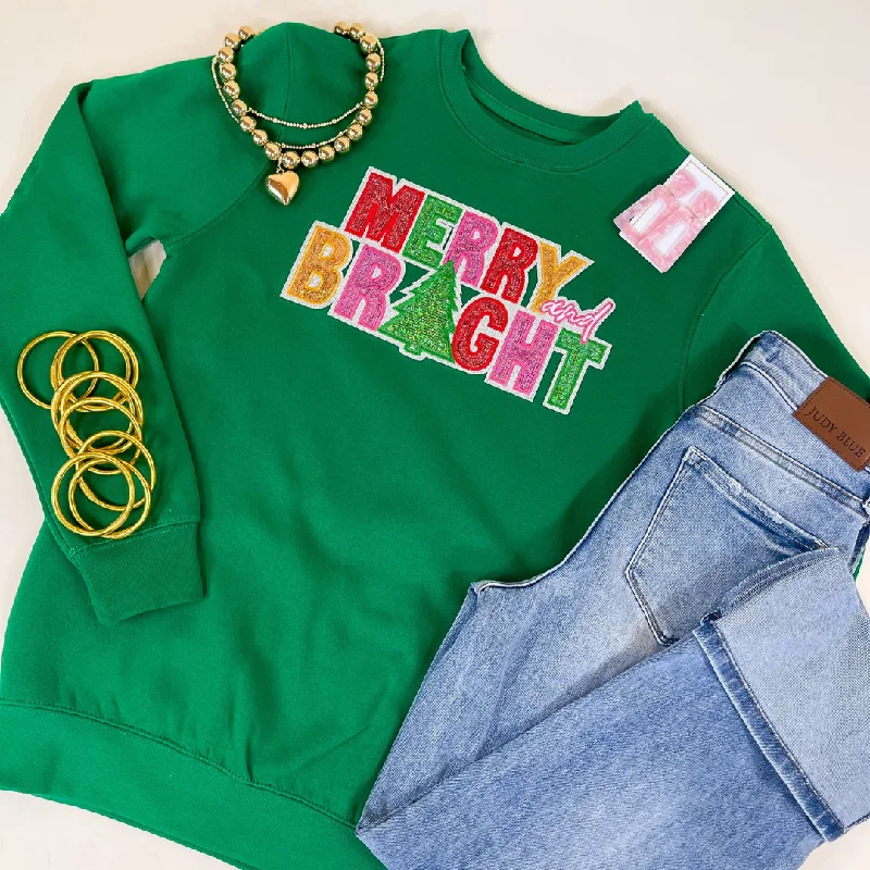 Merry and Bright Sequin Letter Graphic Sweatshirt in GreenThermal Hoodies