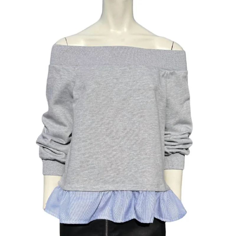 Off The Shoulder Sweatshirt In Grey, Blue And White PinstripeFestival Sweatshirts