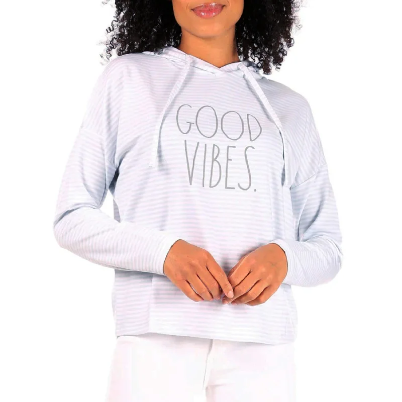 Rae Dunn Women's Ultra Soft Good Vibes Graphic Print Striped Sweatshirt Top HoodieRunning Sweatshirts