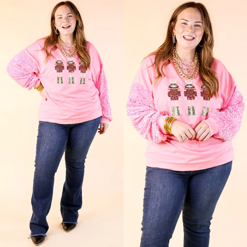 Sequin Nutcracker Crewneck Sweatshirt with Velvet Sleeves in Light PinkCashmere Hoodies