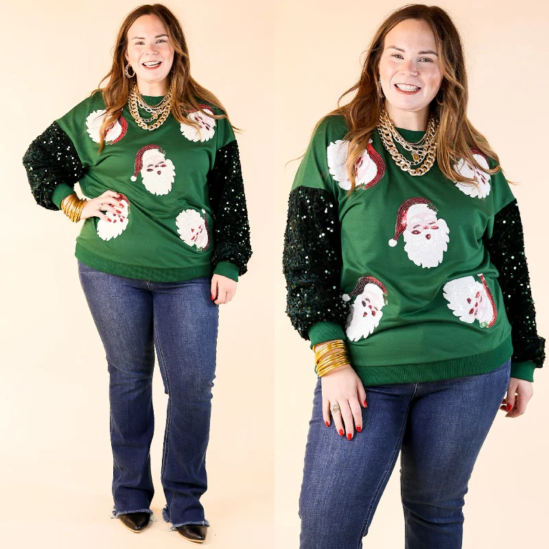 Sequin Santa Crewneck Sweatshirt with Velvet Sleeves in Dark GreenPlush Hoodies