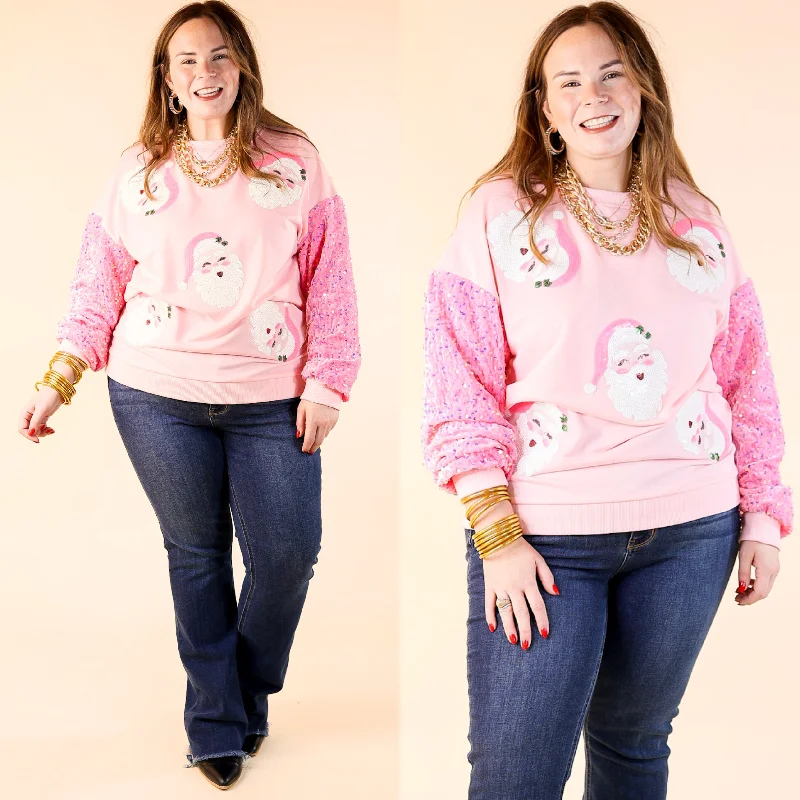 Sequin Santa Crewneck Sweatshirt with Velvet Sleeves in Light PinkGym Hoodies