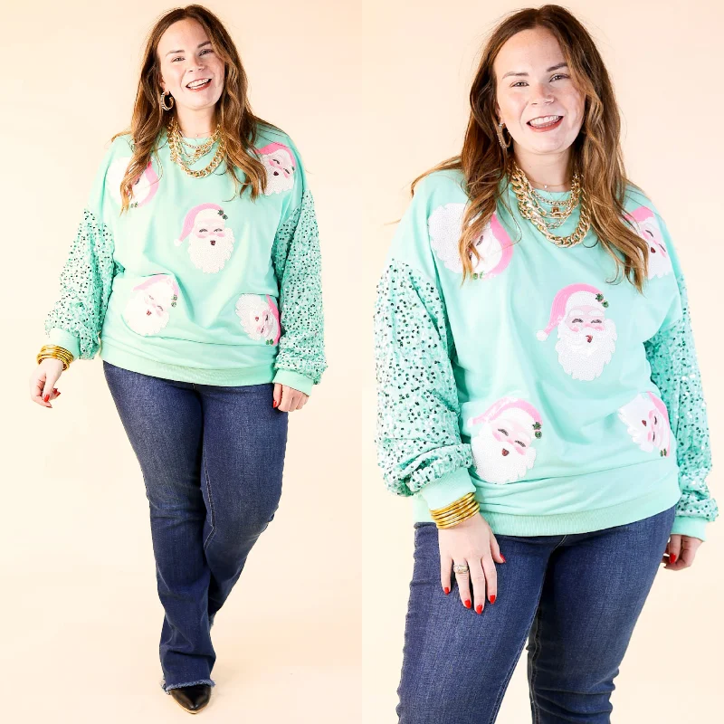 Sequin Santa Crewneck Sweatshirt with Velvet Sleeves in Mint GreenQuilted Sweatshirts