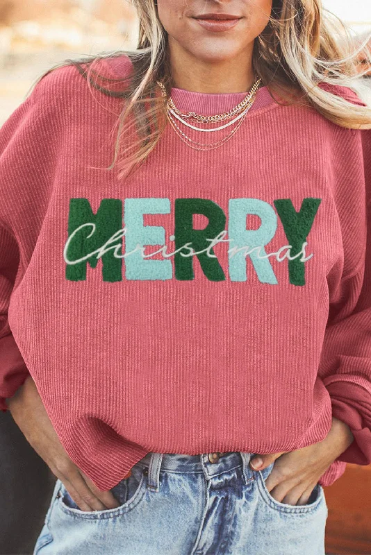 Strawberry Pink MERRY Christmas Chenille Embroidered Corded SweatshirtRibbed Cuff Hoodies