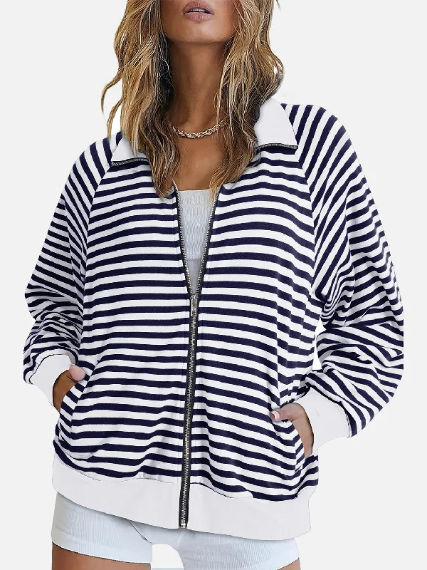 Hazel Blues® |  Striped Zip Up Long Sleeve SweatshirtStreetwear Hoodies