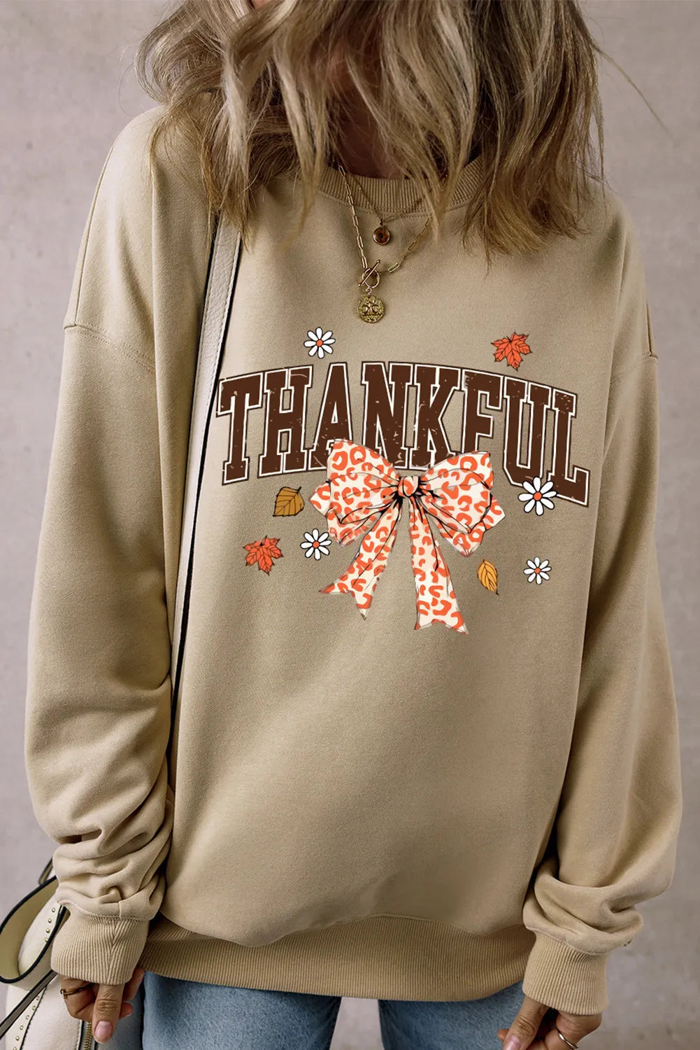 Hazel Blues® |  THANKFUL Bow Round Neck Long Sleeve SweatshirtDistressed Hoodies